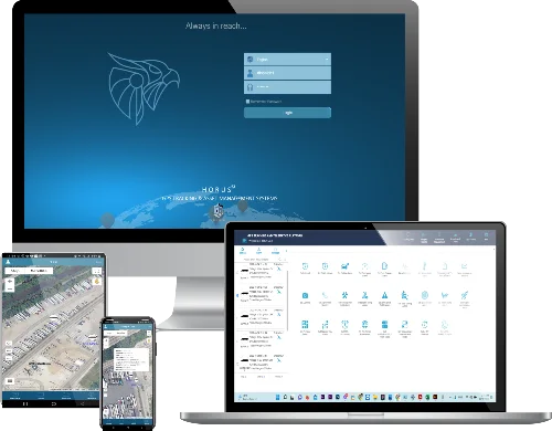 Fleet tracking platform shown across a desktop, laptop, tablet, and phone
